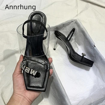 

Jeweled Crystal Letter Sandals Women Back Strap Split Toe Metal Thin Heel PVC Transparent Straps Summer Sandalias