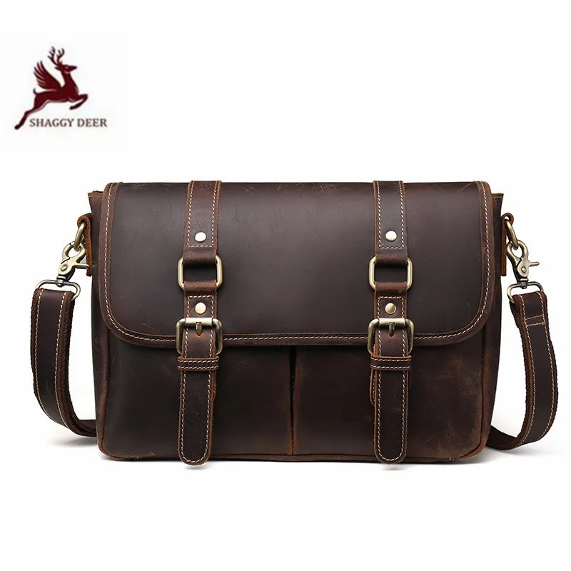

High Quality Crazy horse doubles buckles business trip Handbag Large Capacity Fashion Men Cross-body Bag