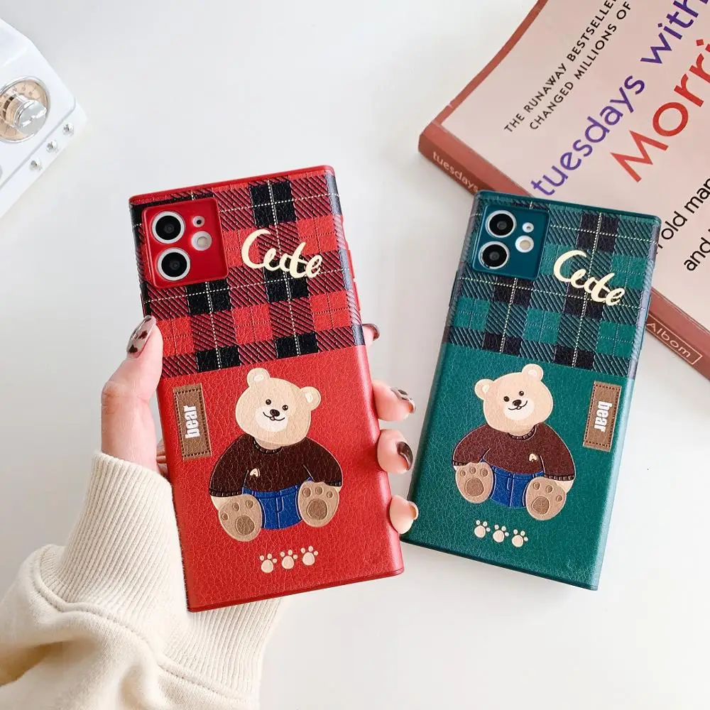 

For Apple iPhone 12 Pro Max Mini Case Square Sweater bear Leather Mobile Phone Protective Cover For iPhone 11pro Max 8Plus Cases