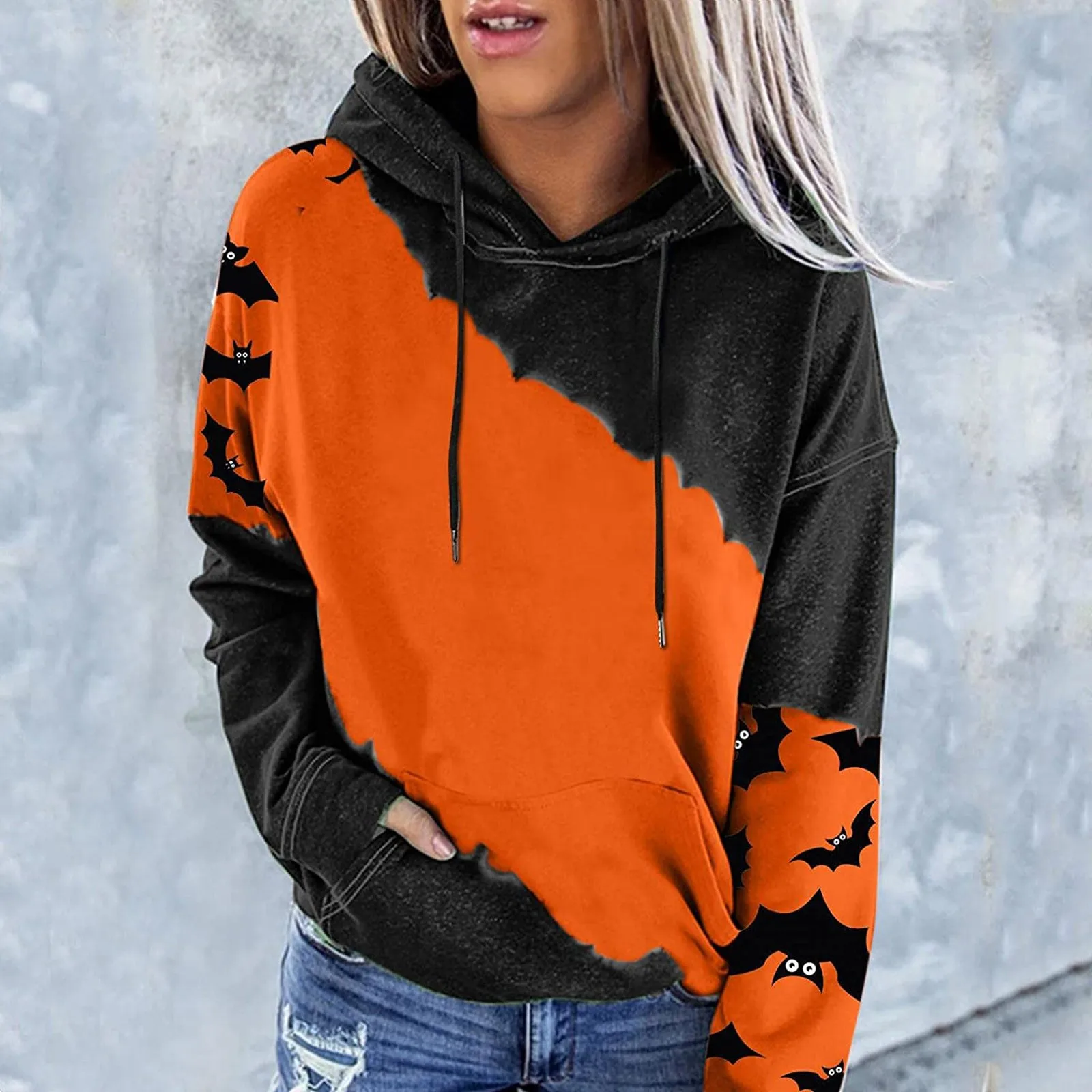 Women Hoodies Fashion Pocket Halloween Colourblock Printed Long Sleeve Oversized Hooded Sweatshirt Winter Warm Outwear Tops 2
