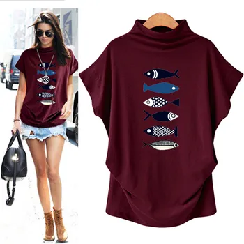 

Women T Shirt Summer Turtleneck Short Sleeve Cotton Print Casual Blusas Top T Shirt Plus Size топ женский