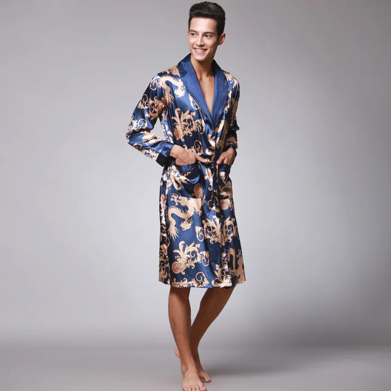 homme Dressing Gown Navy Blue Men Sexy Silk Rayon Kimono Bathrobe Gown Chinese Style Male Robe Nightgown Sleepwear MR00 90KG 100 mens cotton pjs