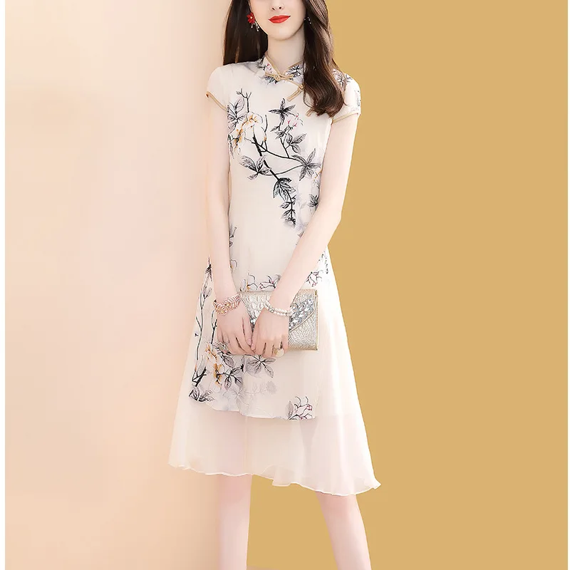 

Mulberry Silk Silk Dress Women's Summer Mid-length 2019 New Style Cheongsam Improved Version Retro Skirt