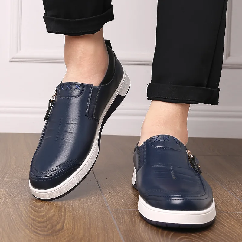 

2019 New Arrival Men Shoes Mens Breathable Shoes Leather Casual Shoes Brown Blue Black leather Shoes Zipper Flats Men Loafer