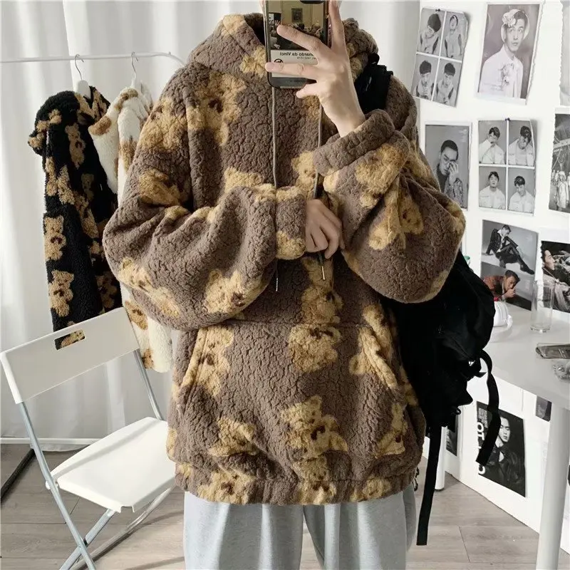 

Women Winter Fuzzy Plush Hoodie Jacket Cute Cartoon Bear Print Shaggy Oversized Coat Harajuku Long Sleeve Warm Zip Up Sweatshirt