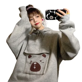 

Big Pocket Bear Printed Velvet Sweatshirt Hoodies Women Harajuku Casaco Feminino Stranger Things Streetwear Kawaii Pullover Coat
