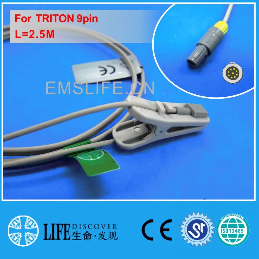 

Long cable adult ear clip spo2 sensor for TRITON 9pin patient monitor