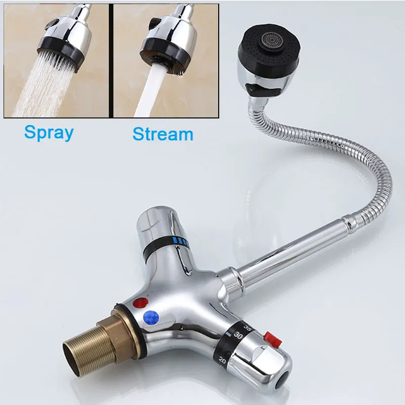 360 Degree Swivel Thermostatic Kitchen Faucet Adjustable Solid Brass Dual Handle Constant Temperatu - 4000125392741