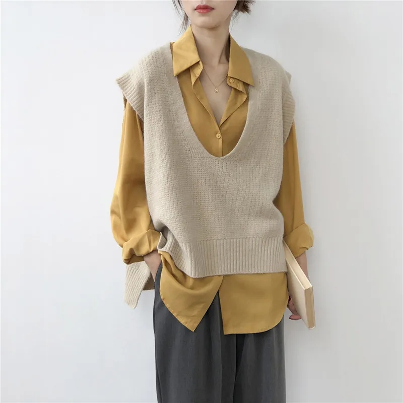 

MyZyQg Women Knitted Vests Coat Casual Sleeveless Suit Pullover Jacket Korean V Neck Vest OL Streetwear Clothes