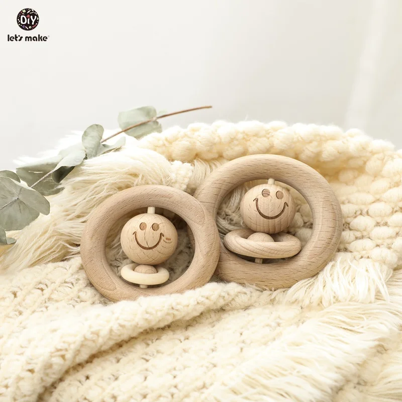 

Let's Make Baby Toys 0-12 Months Wooden Rattles Smiley Face Wood Ring Musical Developmental 1PC Educational Toys For Children
