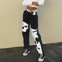 Vaca impressão retalhos jeans feminino 2021 cintura alta solto bolso denim angustiado reta perna jeans vintage y2k vaca imprimir jeans