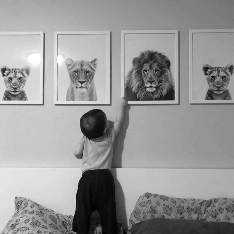 Львенок печать черно-белая львица изображения животных сафари Украшение стен в детской комнате детские животные детские рисунки холст живопись