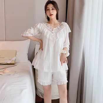 

Summer Embroidery Lace Princess Two-piece Pajamas French Palace Retro Woven Cotton Pijamas White Elegant Homewear Pijama Mujer