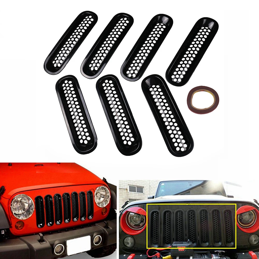

Mesh Cover Grille Trim Clip-in Front Insert For 2007-2017 Jeep Wrangler Matte Black Front JK 7PCS CAR011