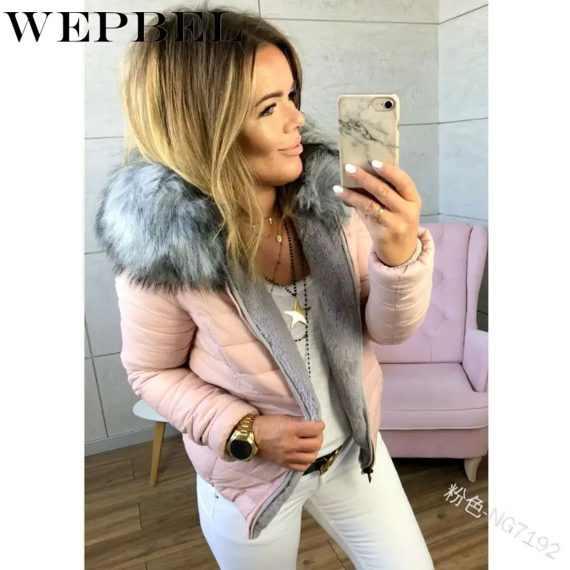 WEPBEL New Jackets Winter Slim Women Casual Zipper Coat Solid Color Female Short Paragraph Large Fur Collar Clothing | Женская одежда