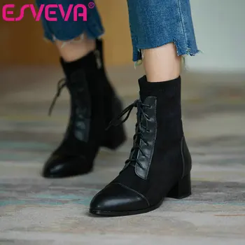 

ESVEVA 2021 Round Toe Square Med Heel PU+Flock All Match Ankle Boots Platform Women Boots Lace Up Shoes Boots Size 34-43