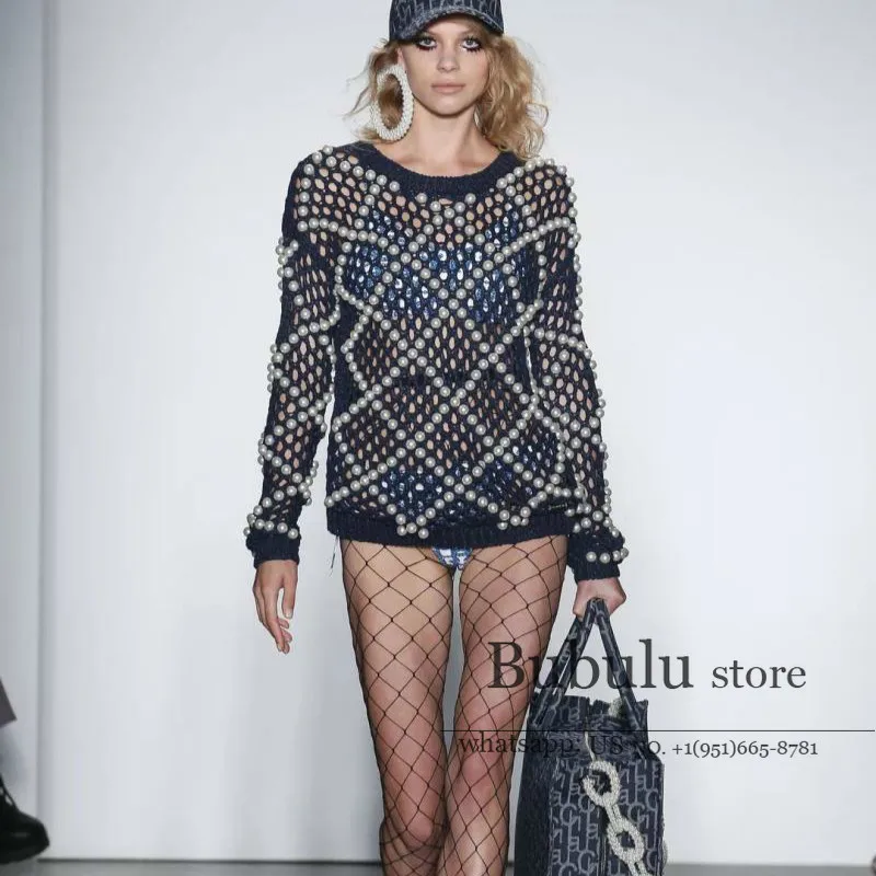 

luxury designer women high end 2020 fall runway Hollow out round Neck 3D Pearls Lantern Sleeve Knitted Pullover fishnet sweaters