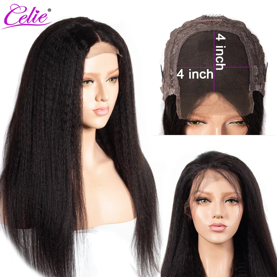 

Celie Brazilian Kinky Straight Wig 4x4 Lace Closure Human Hair Wigs With Baby Hair Pre Plucked Yaki Straight Human Hair Wig