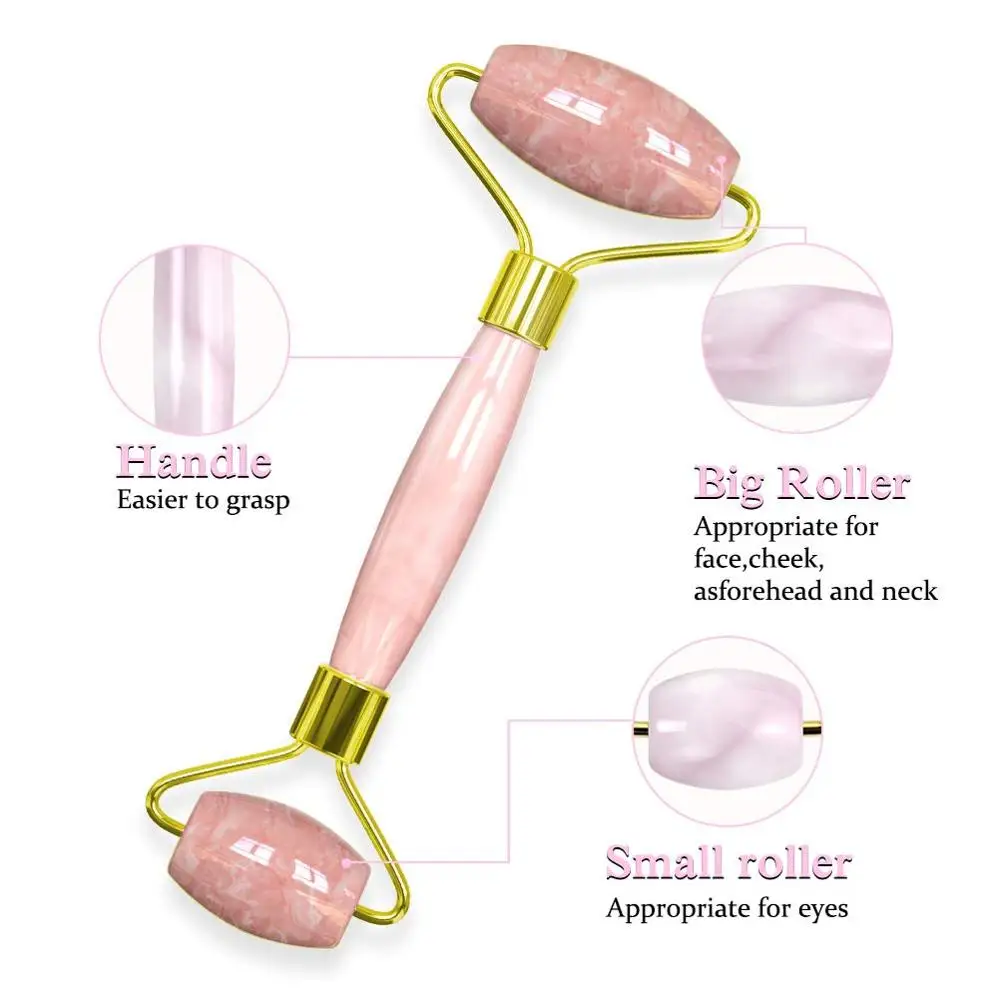 Массаж лица розовый кварц нефритовый ролик Двойные головки Нефритовый камень подтяжка лица Расслабление кожи для похудения красота здоровье уход за лицом инструменты