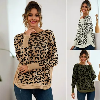

Droppshiping New Arrival Autumn 2019 Fashion Womens Long Sleeve Leopard Print Sweater Irregular Hem Casual Pullover Sweater J55