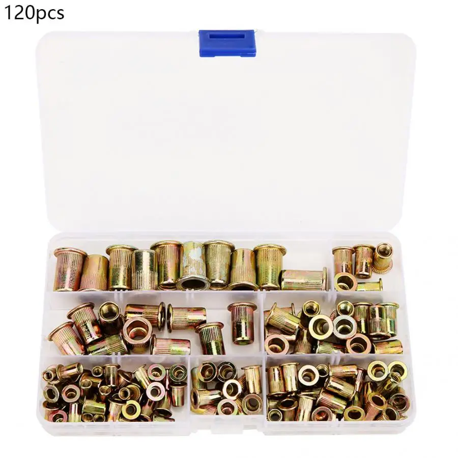 

120Pcs/set Rivet Nut Kit Zinc Plated Flat Threaded Fastener Nuts M5 M6 M8 M10 wood screw and nut