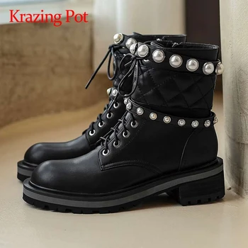

Krazing Pot 2020 new arrival cow leather round toe high heel pearl decoration princess style young lady charming ankle boots L98
