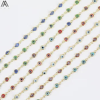 

5meter 5mm Evil Eyes Round Beads Jewelry Chains DIY,Plated Gold Copper Wrapped Enamel Beads Rainbow Rosary Chains HX-LT-243AMAB