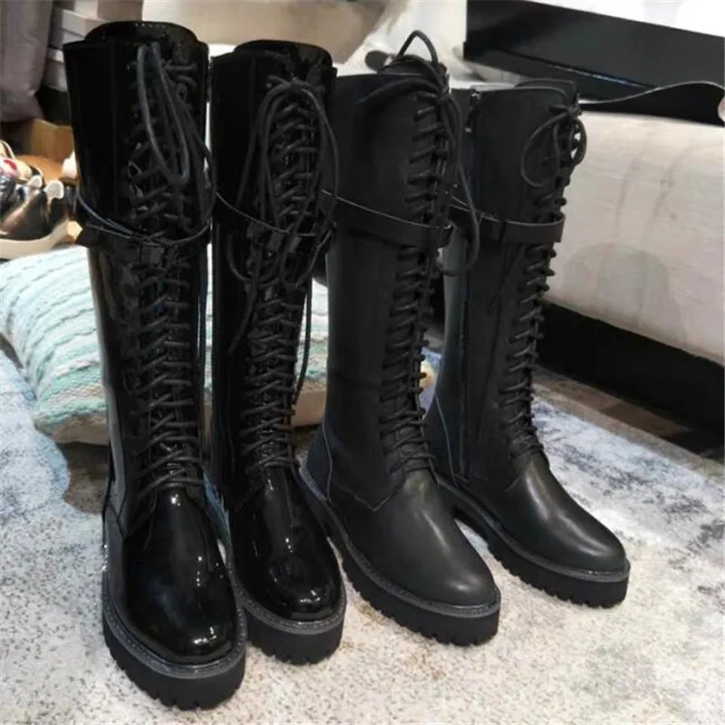 Высокие сапоги осенне-зимние женские ботинки на шнуровке женские ботинки из натуральной кожи на платформе черного цвета Женская обувь в байкерском стиле на высоком каблуке в стиле панк
