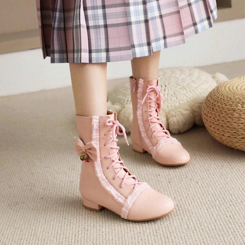 

QPLYXCO Vintage Girls Japanese Lolita Ankle Boots Women Cute Bow Princess Shoes JK Uniform Colsplay Party High Quality 7473X-3