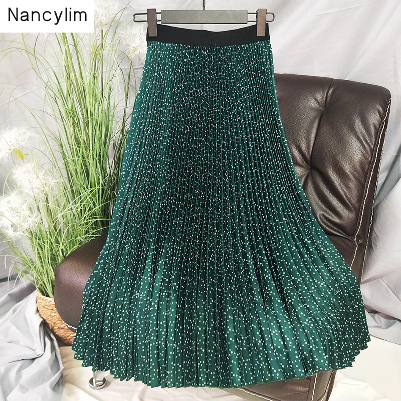 

French Style Retro Corrugated Pleated Skirt Spring Autumn Womans High Waist Mid-long Skirt Ladies Summer Skirts Vestidos