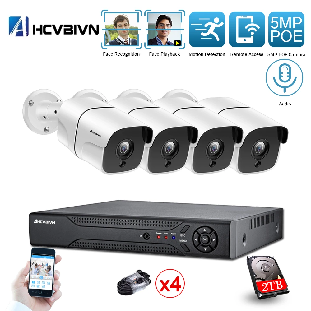 

AHCVBIVN H.265 4CH Super HD 5MP POE Smart Camera kit System Audio AI Face-Recording detection Outdoor Waterproof Video