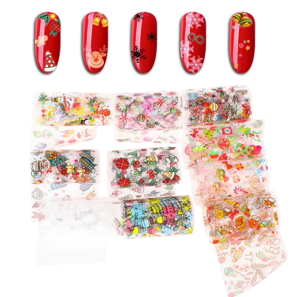 10Pcs Christmas Style Nail Stickers Holographic Transfer Slider Foils Winter Snowman Starry Sky Designs Decal DIY Nail Art Decor