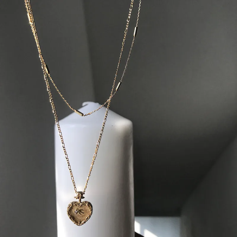 S925 стерлингового серебра Модный золотой тренд любовь сердце форма двойной ключицы цепи ожерелье кулон женские серебряные ювелирные изделия