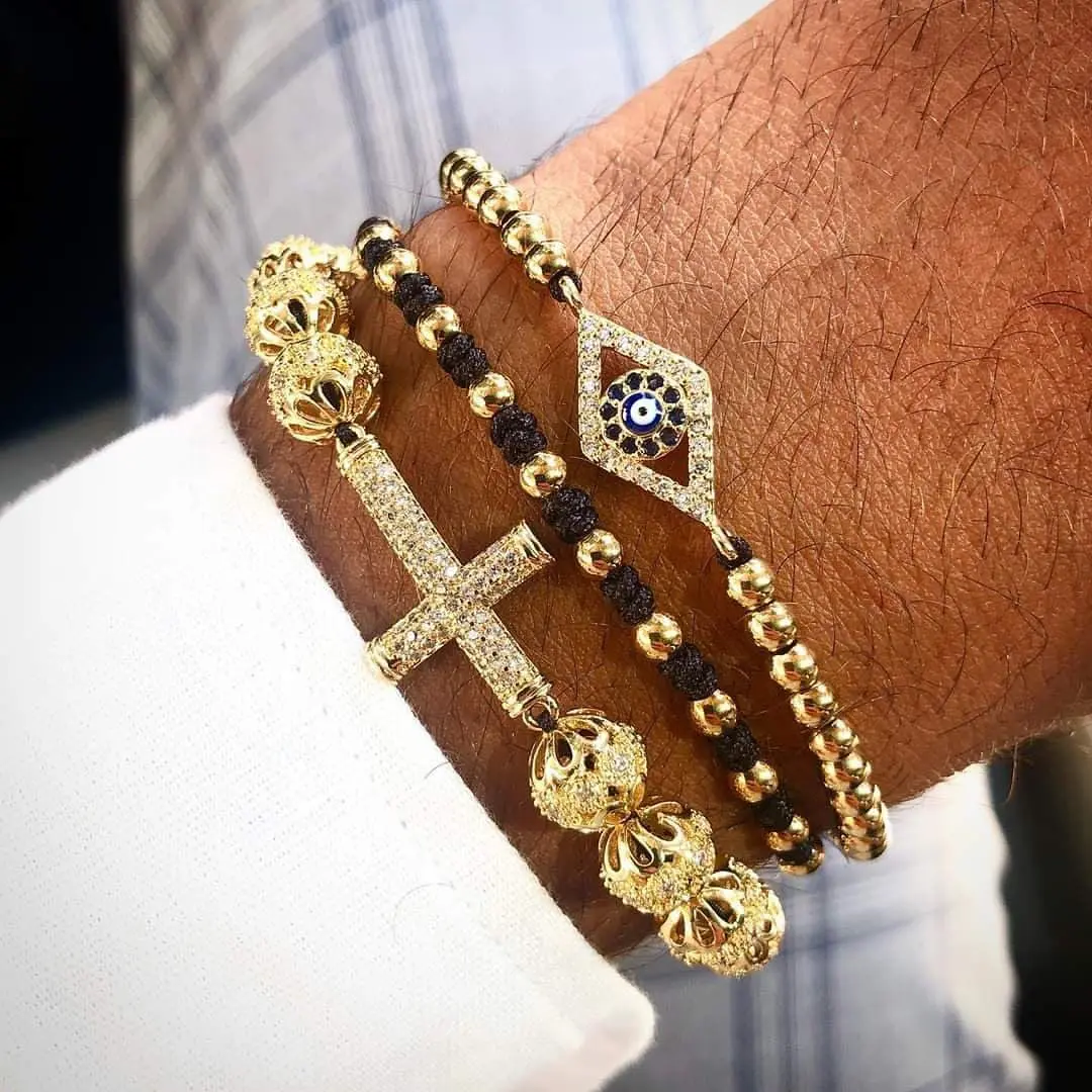 Jaravvi High Quantity Stainless Steel Beads CZ Eye Cross Charm Braided Macrame Friendship Bracelet Set Men - Image 2