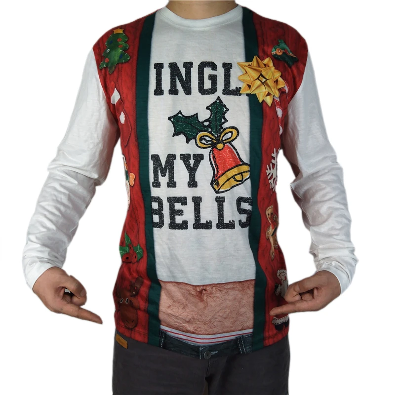 

Tacky Jingle My Bells Ugly Christmas T Shirt for Men Offensive Men's Dirty Santa 3D Fake Cardigan Print Ugly Xmas Pullover Tee