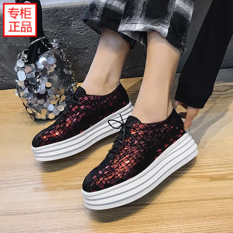 

2019 Spring New Style Sweet Sequin Shoes Women's Thick Bottomed Platform Shoes Lace-up Casual Shoes Versatile Black Red