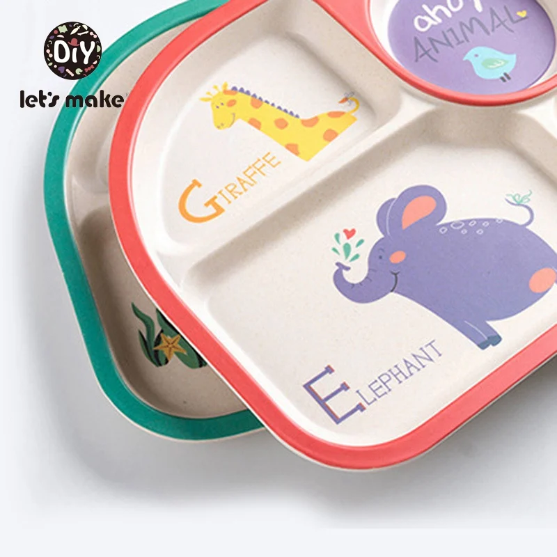 Let's Make Baby Tableware Set Safety Feeding Plate Bowl Spoon Fork Cup Cartoon Animal Food Grade Bamboo Children?s Dinnerware