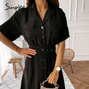 

Simplee Elegant Button Blazer Dress Women Solid Casual High Waist Belt Short Sleeve Dress Office Ladies Workwear 2020 vestidos