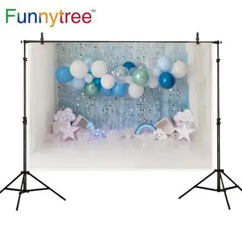 

Funnytree First Birthday Smash Cake One Year Party Photography Backdrop Indoor Decor Blue Balloons Light Background Photo Studio