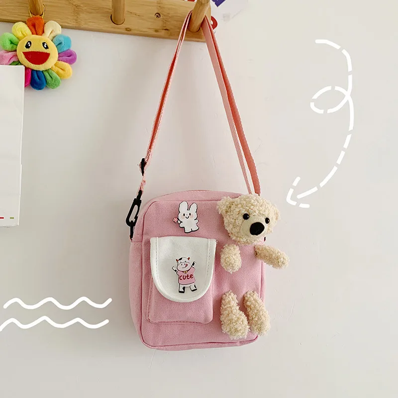 Kawaii Bear Canvas Square Bag Multifunctional Cute Dog Shoulder Mobile Phone Bag
