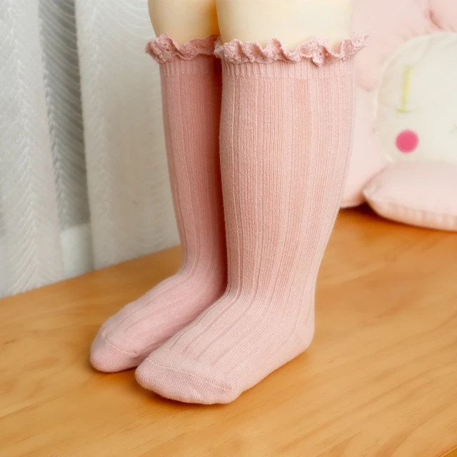 Baby Girls Socks Kids Toddlers Ruffle Knee High Long Soft Cotton Sock Lace Flower Children Infant Girl Socks For 0-5 Years Pink