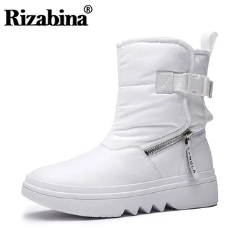 

RIZABINA Women Mid Calf Down Boots Genuine Leather Winter Warm Plush Fur Cotton Shoes Women Casual Flats Short Boots Size 35-39