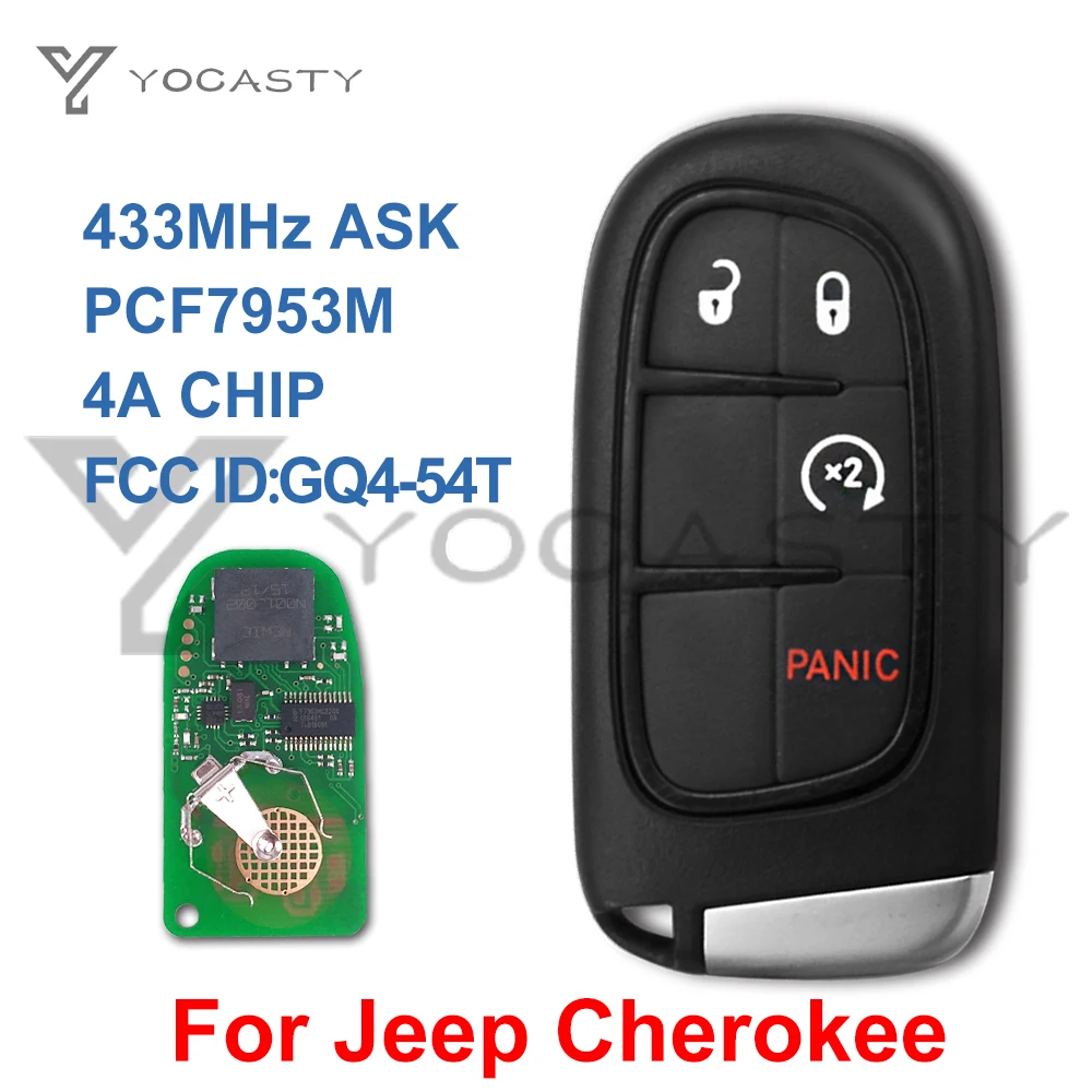 

YOCASTY GQ4-54T Smart Remote Car Key Fob 4 Buttons 4A For 2014 2017 2018 Jeep Cherokee 68141580 AC AF AG AB 433MHz PCF7953M