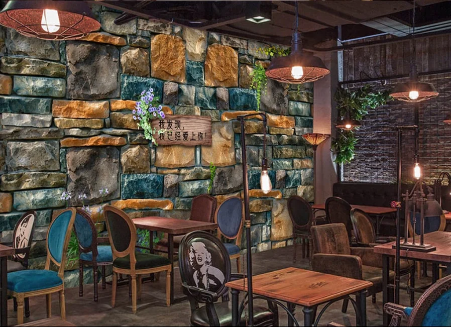 Customized European and American stone wall coffee shop bar background wallpaper mural