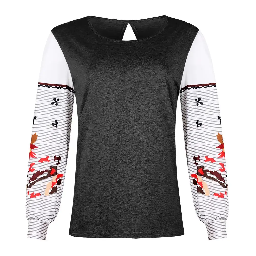 

New Women Autumn O Neck Floral Print Stitching Long Puff Sleeve Loose Top