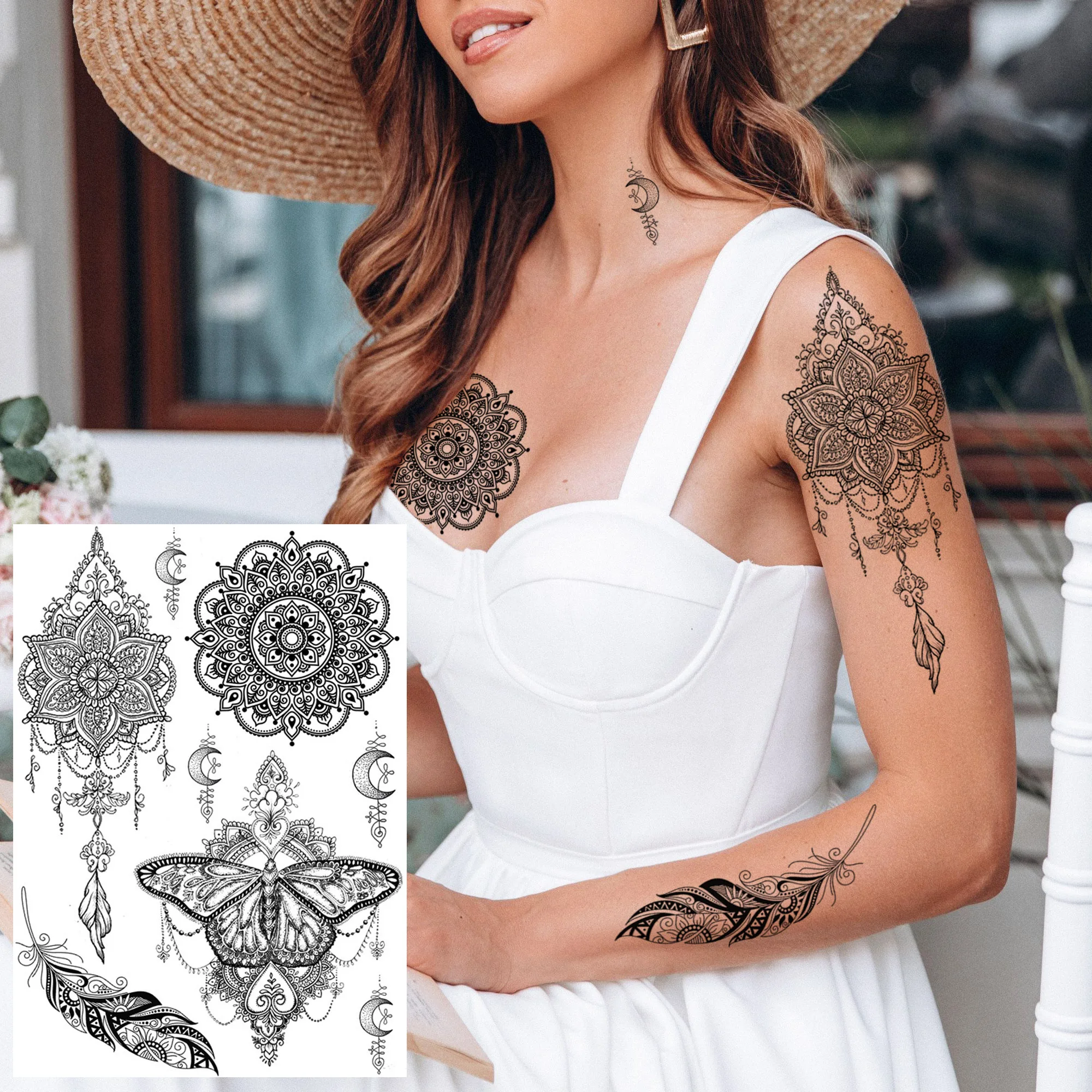 Adesivo de tatuagem temporária impermeável para as mulheres preto flor arte  do corpo transferência abstrata tatoo falso água esboço preto linha manga -  AliExpress
