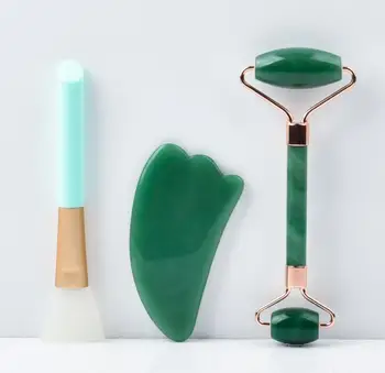 

Jade Roller Set Natural Green Aventurine Jade Facial Massage Roller Anti wrinkle Gua Sha Tool Silicone Mask Makeup Brushes