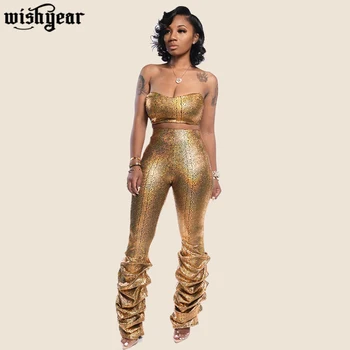 

Gold Snakeskin Print Two Piece Set Sexy Strapless Tube Top +Ruched Skinny Pants Night Club Suit Party Outfits