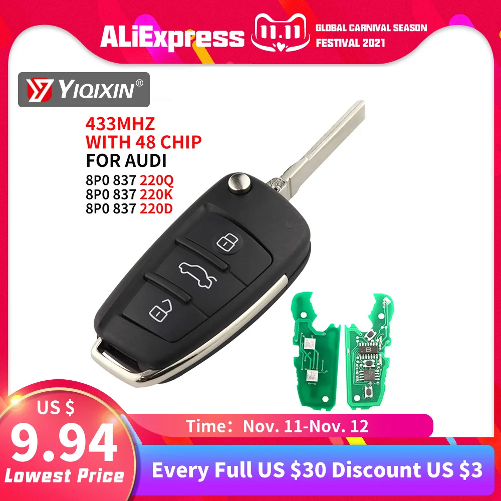 YIQIXIN 3 Button Remote Car Flip Key For Audi A2 A3 S3 TT A4 S4 Cabrio Quattro Avant 2005-20013 ID48 Chip Part Number 8P0837220D |