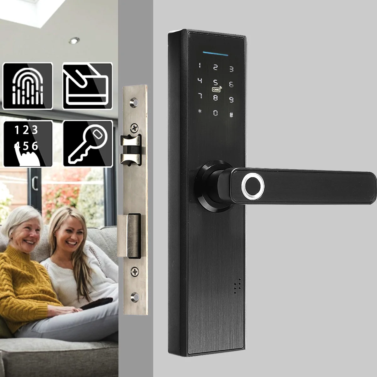 

Security Electronic Door Lock Biometric Fingerprint / Digital Code / Smart Card / Key Touchable Screen Smart Lock For Home Hotel